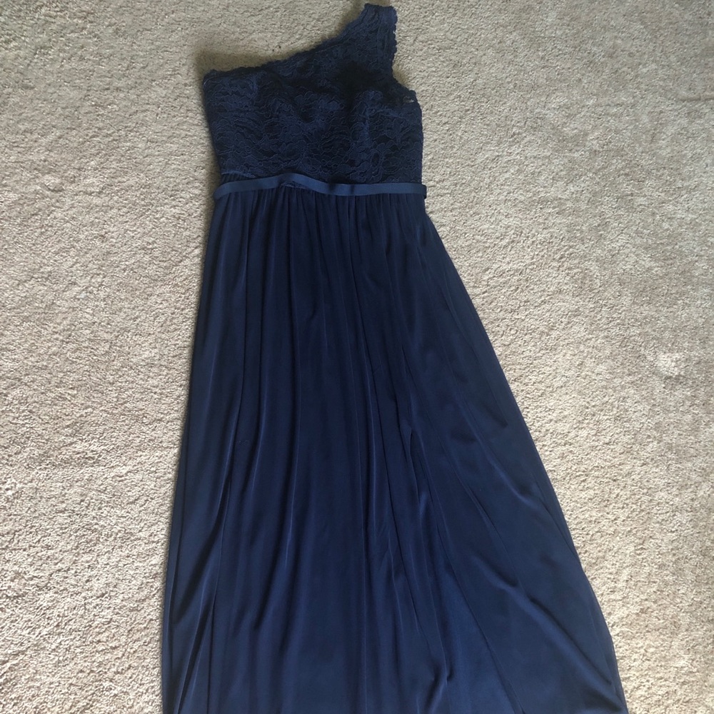 David’s Bridal navy one shoulder dress